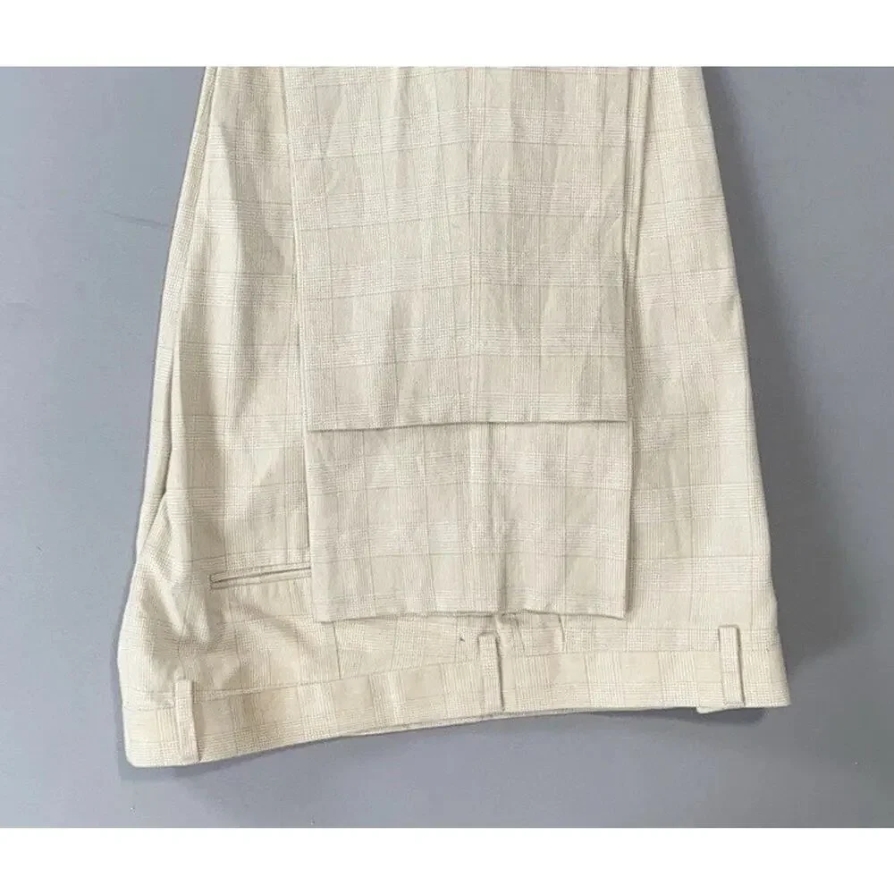 J Crew Ludlow Flat Front Baird McNutt Irish Linen Blend Pants. Ivory Plaid 35X30